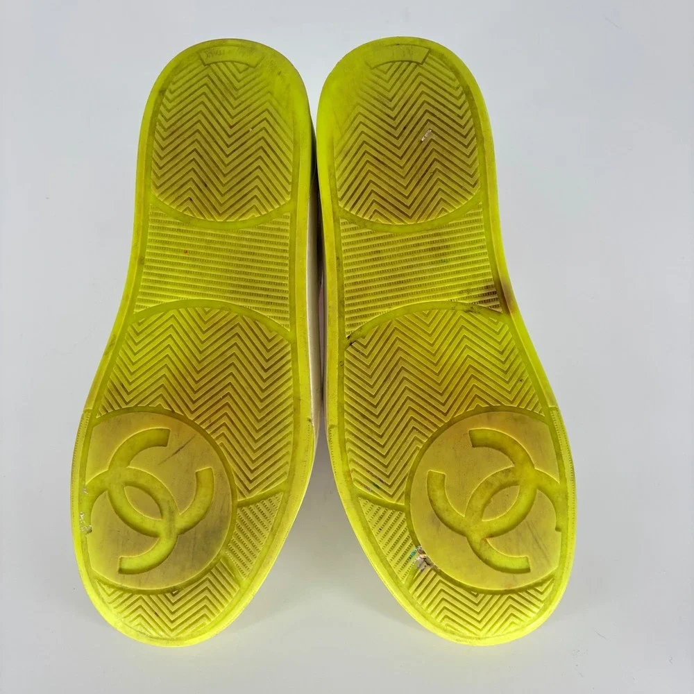 Chanel Calfskin Logo Low Top Sneakers White Neon Women Size 39 Leather Colorful